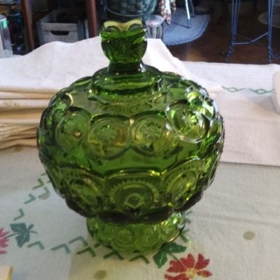 Moon and Stars Antique Green Glass Compote