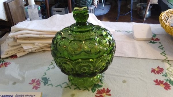Moon and Stars Antique Green Glass Compote
