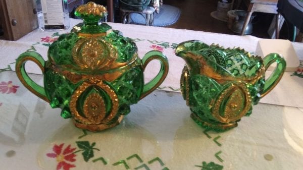 Northwoods Antique Green Glass Cream/Sugar