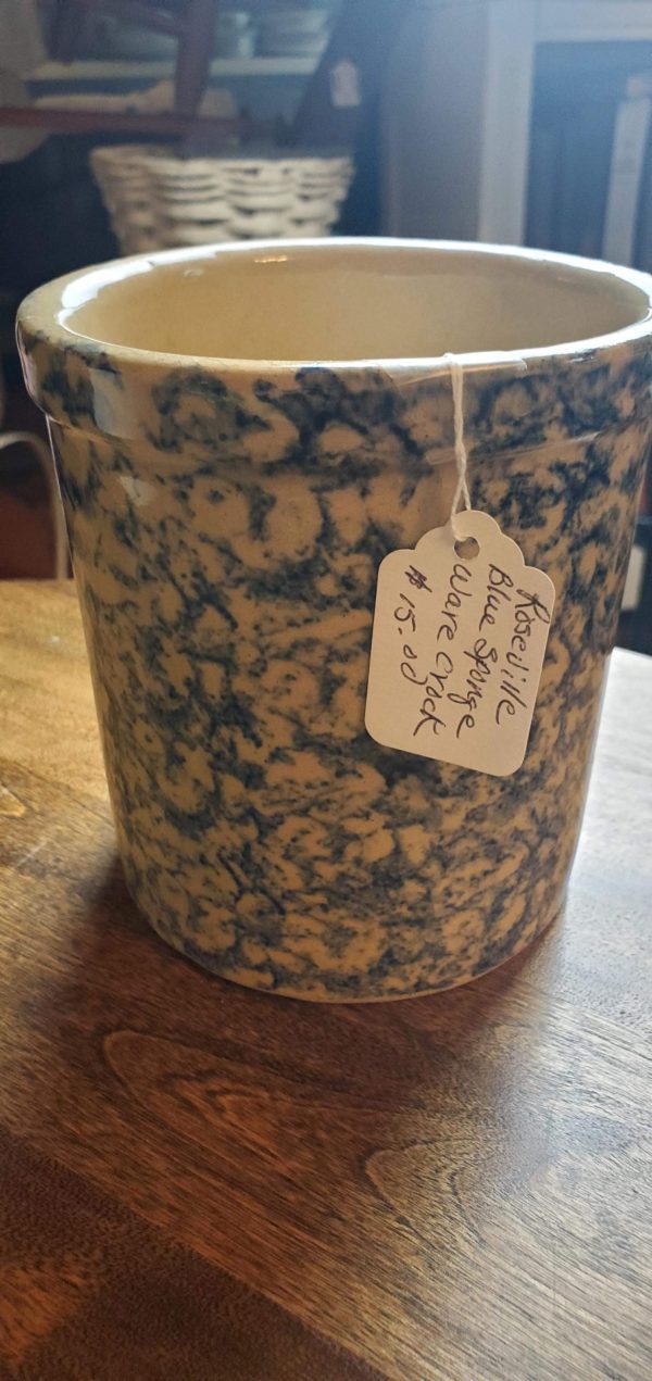 Roseville Blue Spongeware Crock
